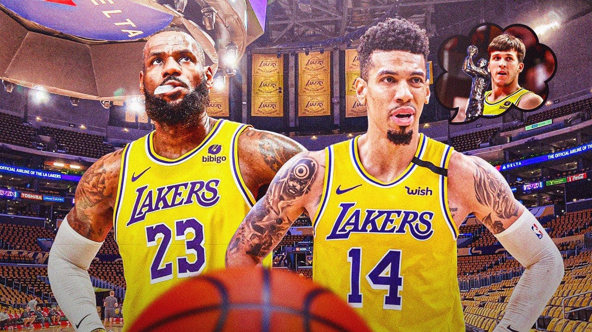 Danny Green together with LeBron James in a Lakers uniform (2019), with thought bubble on Green containing a picture of Austin Reaves holding the sixth man of the year award