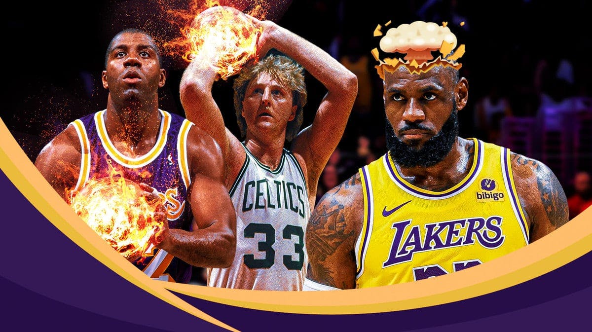 Lakers star LeBron James with mind-blown head. Magic Johnson and Larry Bird shooting the ball on fire