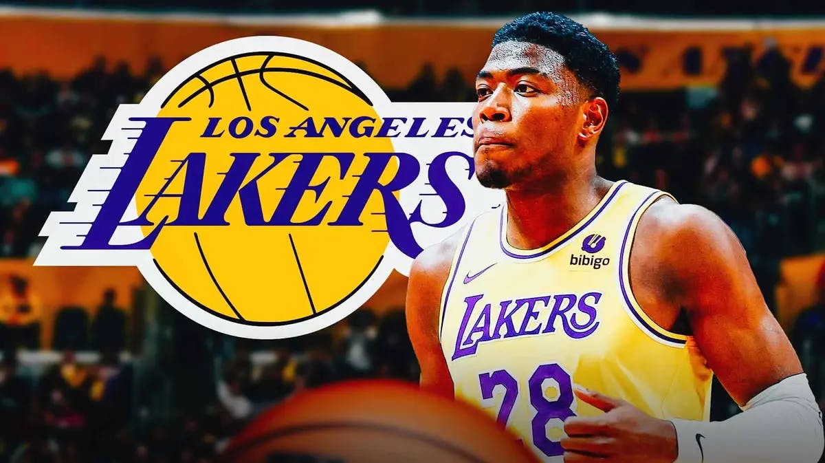 Lakers forward Rui Hachimura takes a hard landing in the third quarter of LA's matchup against Naz Reid and the Timberwolves.
