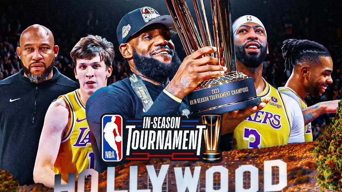 Lakers' LeBron James holding NBA Cup trophy with Anthony Davis, Austin Reaves, Darvin Ham and D'Angelo Russell next to him