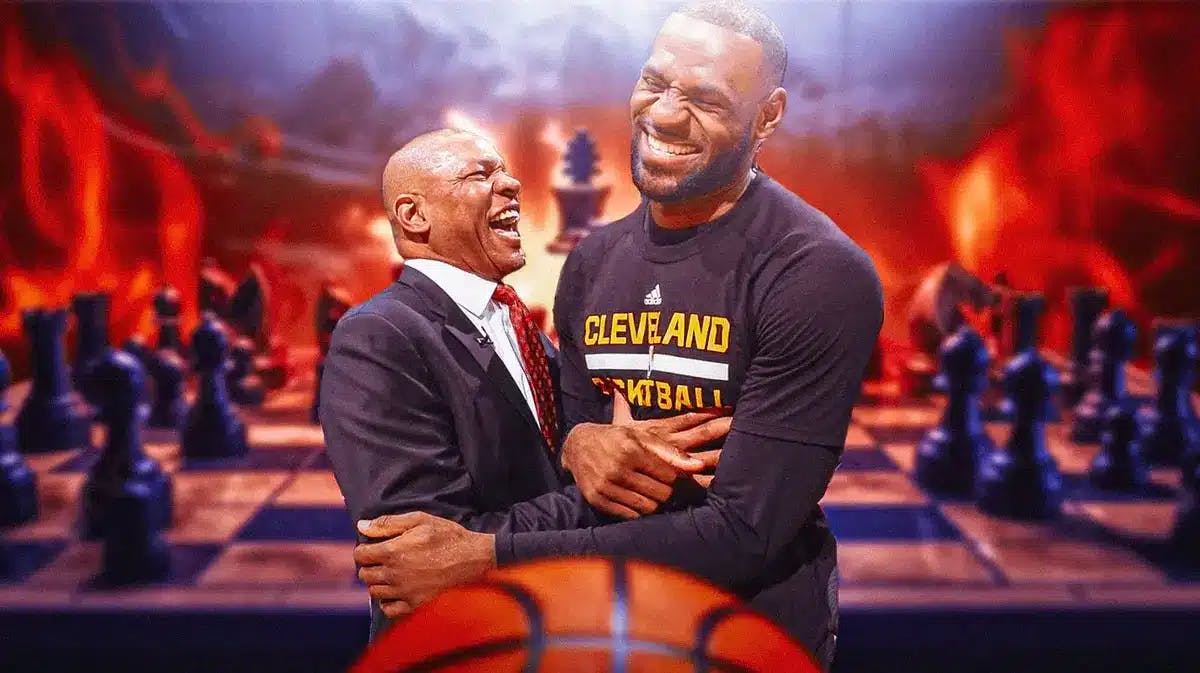 Los Angeles Lakers star LeBron James and Doc Rivers in front of a large chess board