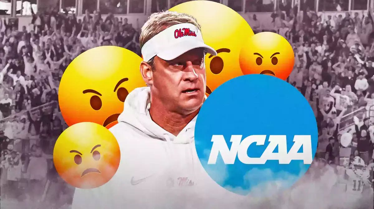 Lane Kiffin with angry emojis around him, NCAA logo
