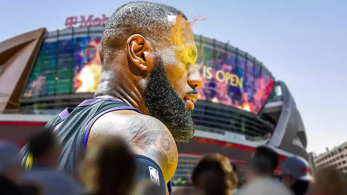 LeBron James with fire in his eyes, with the T-Mobile Arena in the background