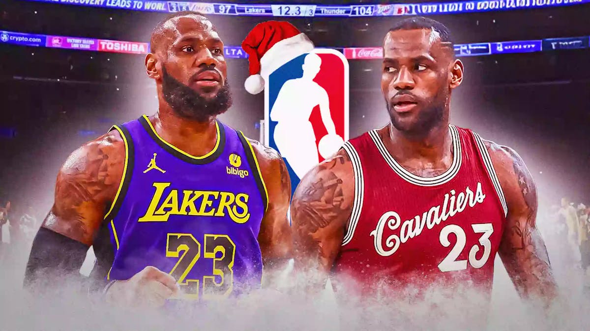 A double image of LeBron James, one of him in his Lakers jersey and the other in the Cavs Christmas Day jersey, also include the NBA logo with a Santa hat on