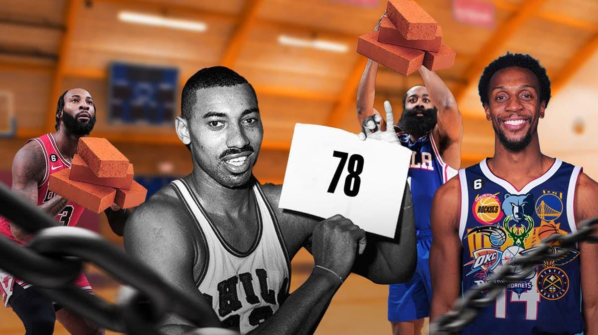 Wilt Chamberlain holding a sign that says 78, Ish Smith wearing a jersey with logos from all 13 teams he's played for, James Harden and Andre Drummond shooting bricks.