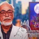 Hayao Miyazaki and Studio Ghibli logo in front of Legend of Zelda poster.