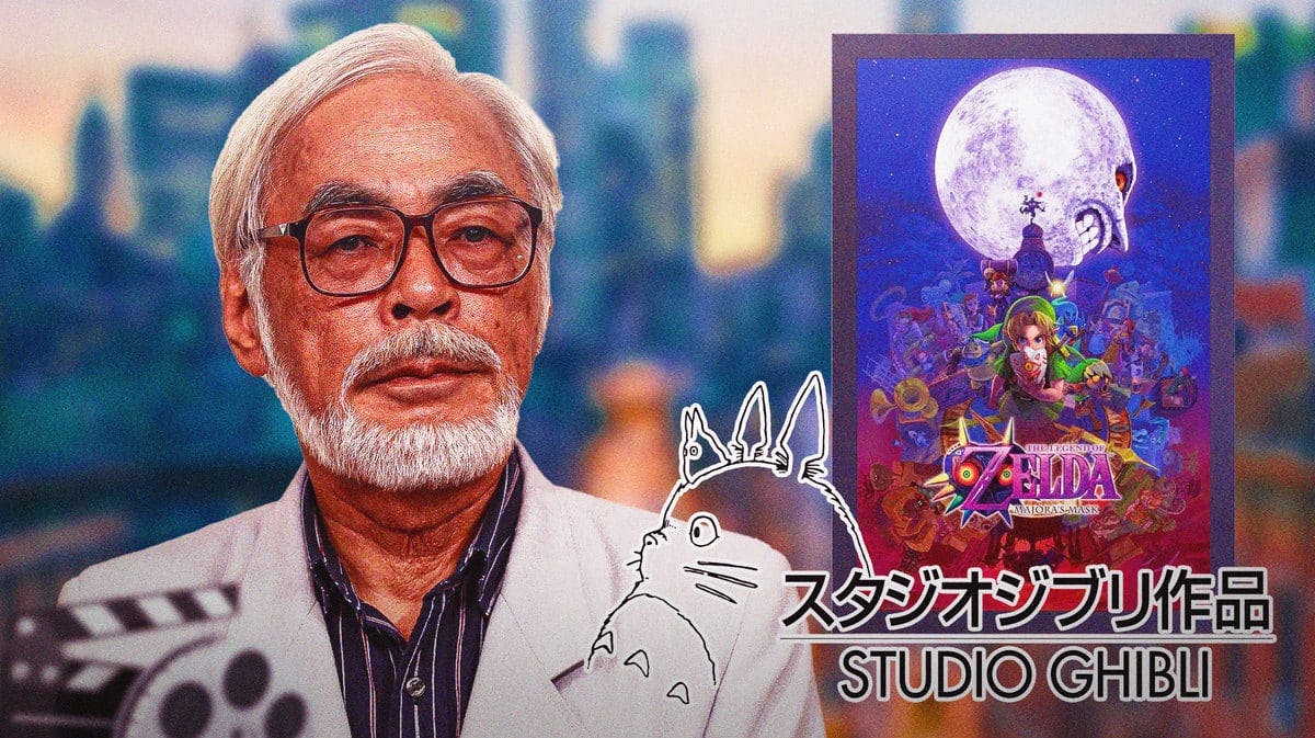 Hayao Miyazaki and Studio Ghibli logo in front of Legend of Zelda poster.