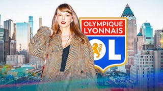 Taylor Swift in front of the Lyon logo