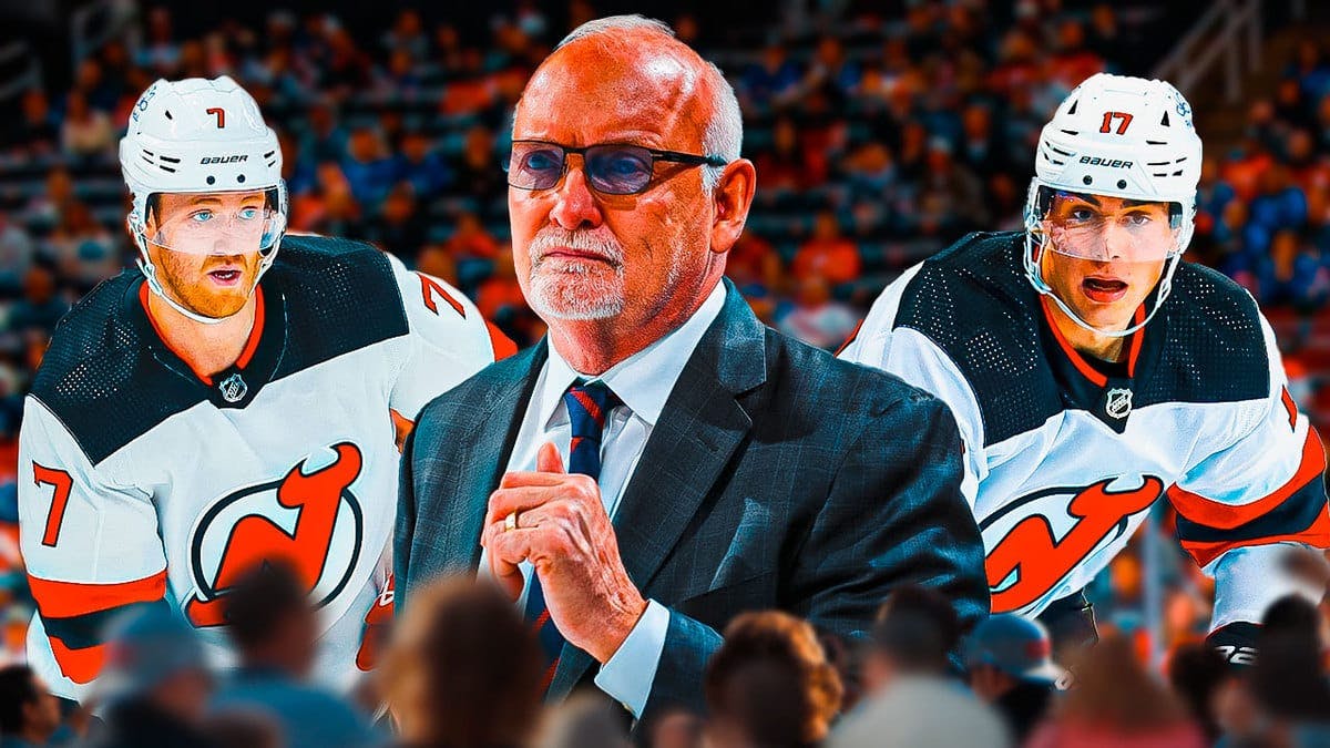 New Jersey Devils head coach Lindy Ruff and defenseman Simon Nemec in New Jersey on December 1, 2023 after learning that Dougie Hamilton will miss time due to injury