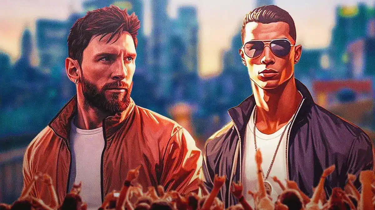 Cristiano and Lionel Messi in front of the GTA 6 logo