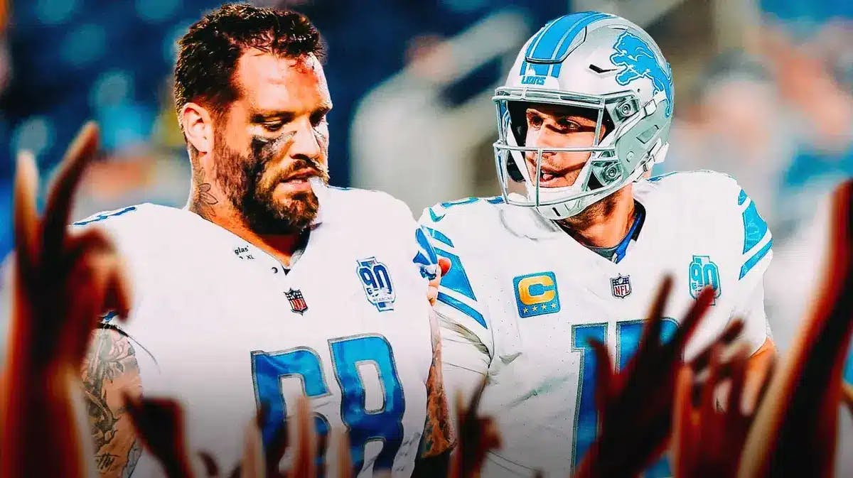 Taylor Decker (Lions) looking serious with Jared Goff