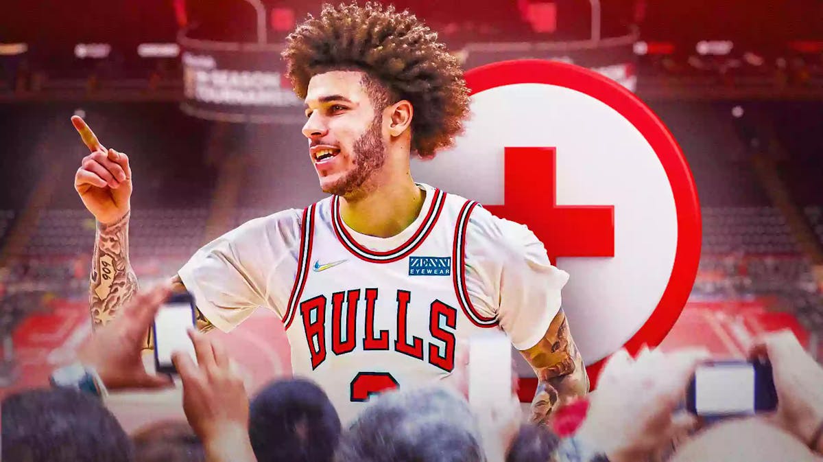 Lonzo Ball with the Bulls arena in the background, also include an injury/medical red cross