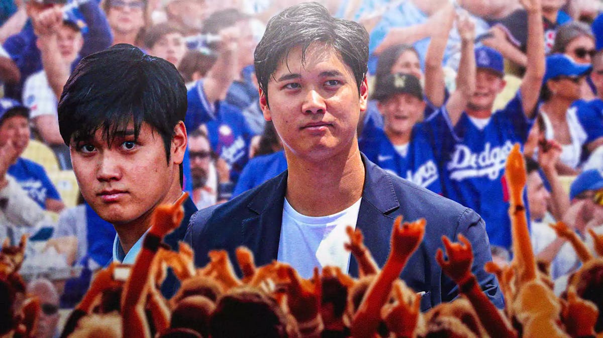 Dodgers fans celebrating in the background. Shohei Ohtani in the foreground.
