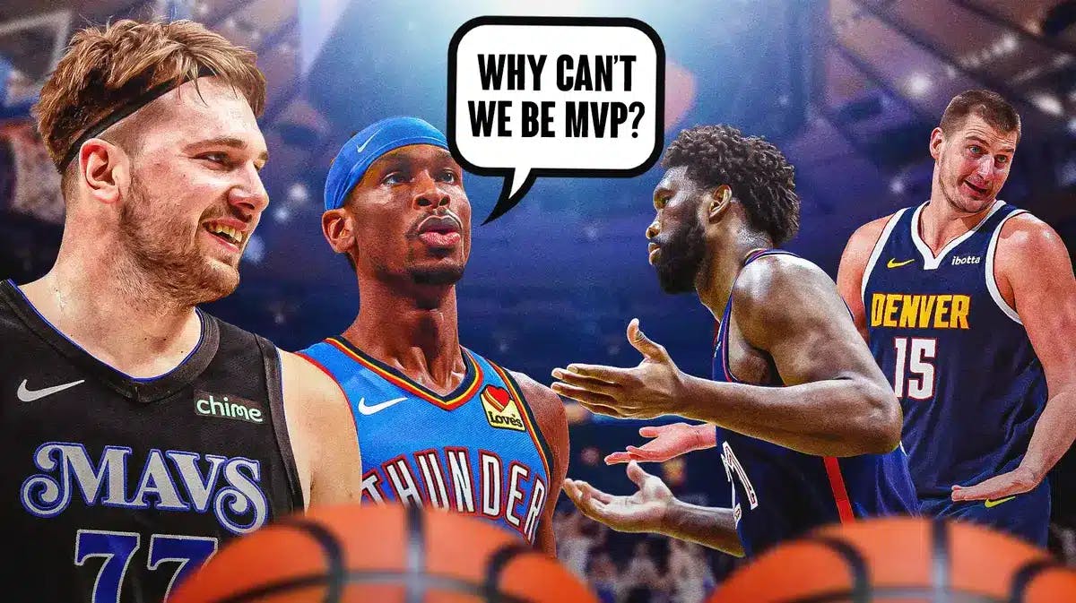 Luka Doncic and Shai Gilgeous-Alexander saying "Why can't we be MVP" next to Joel Embiid and Nikola Jokic