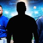 Toronto Blue Jays manager John Schneider, silhouette of Isaac Paredes, and Seattle Mariners manager Scott Servais