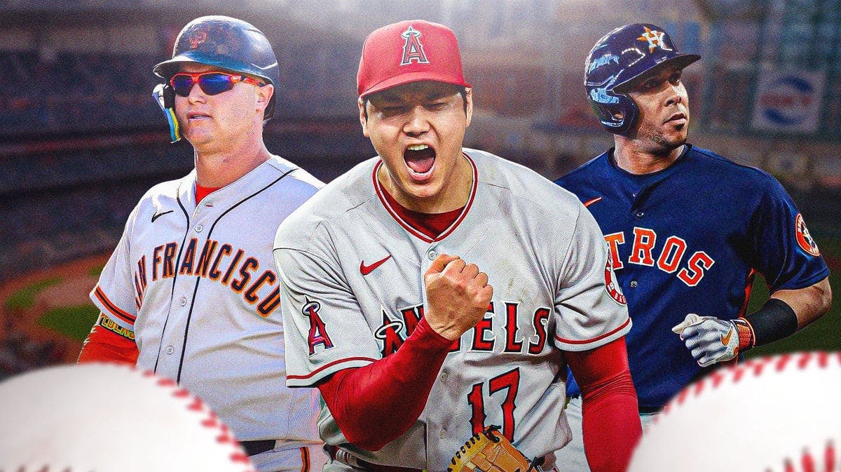 Shohei Ohtani in middle, Joc Pederson and Michael Brantley on either side, TOR Blue Jays logo, baseball field in background