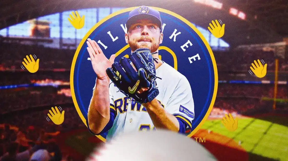 The Milwaukee Brewers logo and player Corbin Burnes in his Brewers uniform, with the waving good bye emoji to symbolize the Brewers trading Corbin away