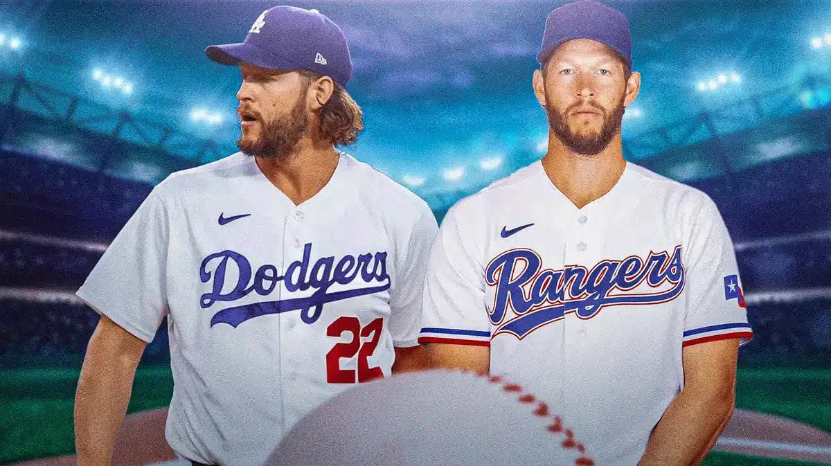 Clayton Kershaw in a Dodgers jersey on left, Clayton Kershaw in a Rangers jersey on right.
