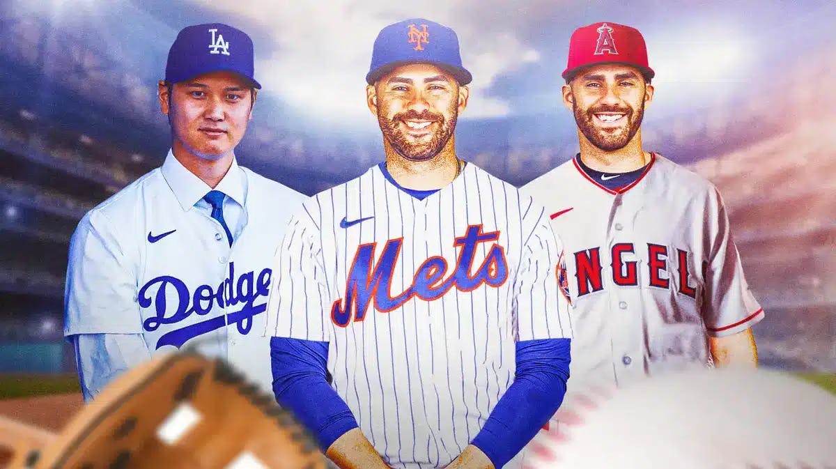In front: JD Martinez in an Angels uniform. JD Martinez in a Mets uniform. In background: Shohei Ohtani in a Dodgers uniform.