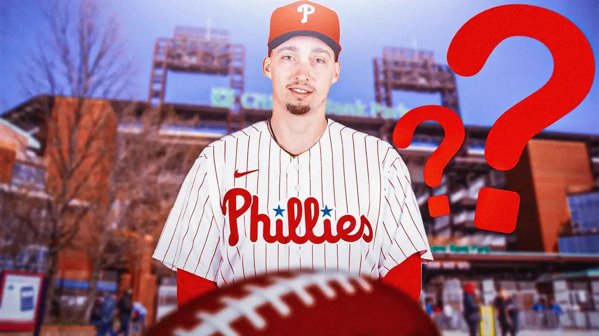 Citizens Bank Park background. Blake Snell in a Phillies jersey. Need a question mark next to him.