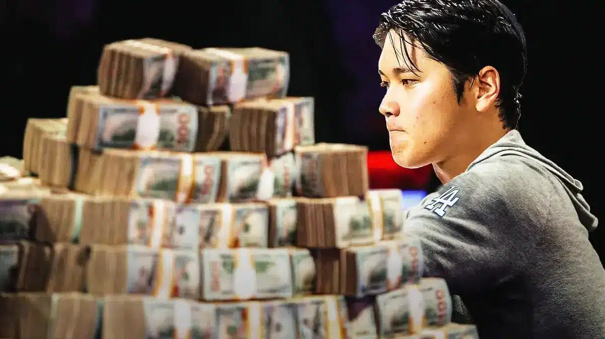Shohei Ohtani (Dodgers) as a poker guy looking at the money