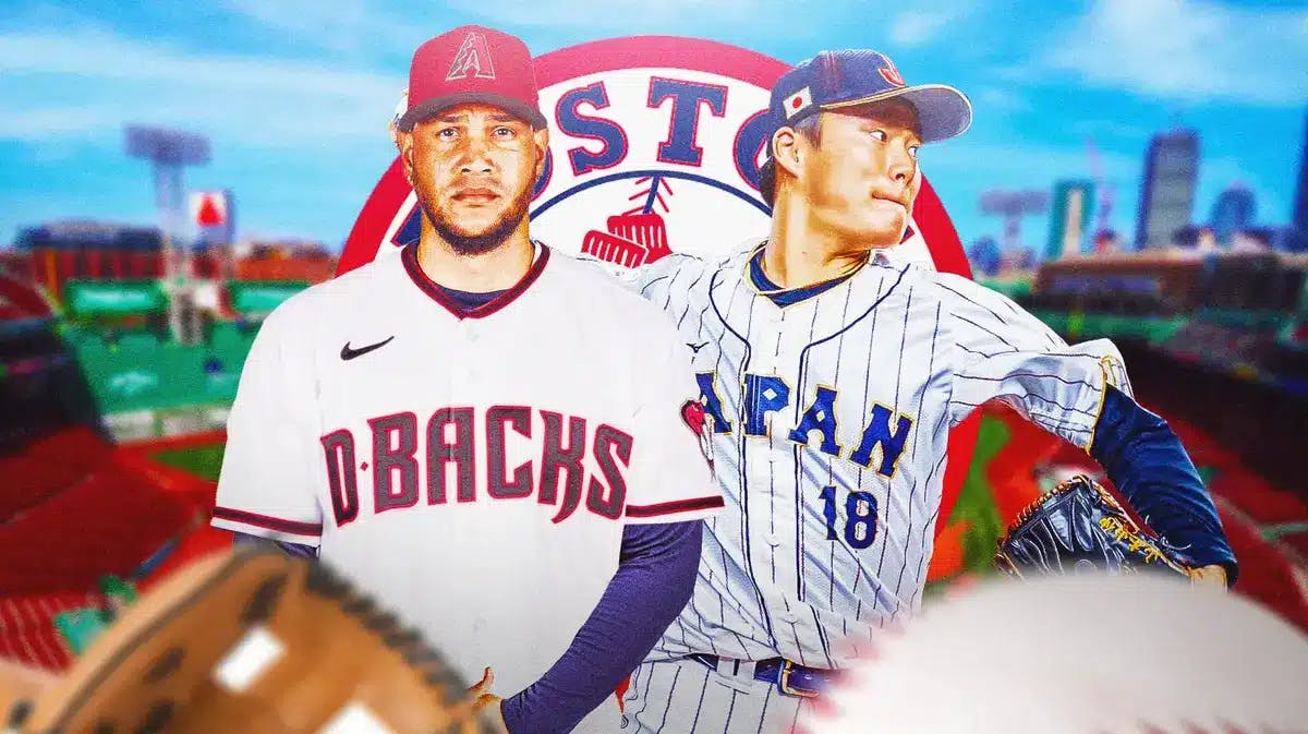 Yoshinobu Yamamoto pitching a baseball. Eduardo Rodriguez in a Diamondbacks uniform in front. Red Sox logo in background