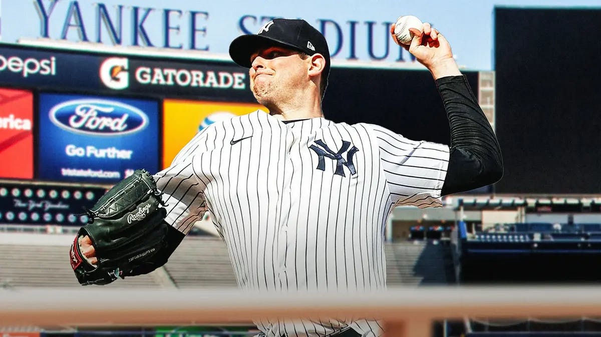 Yankees' Jordan Montgomery pitching a baseball at Yankee Stadium.