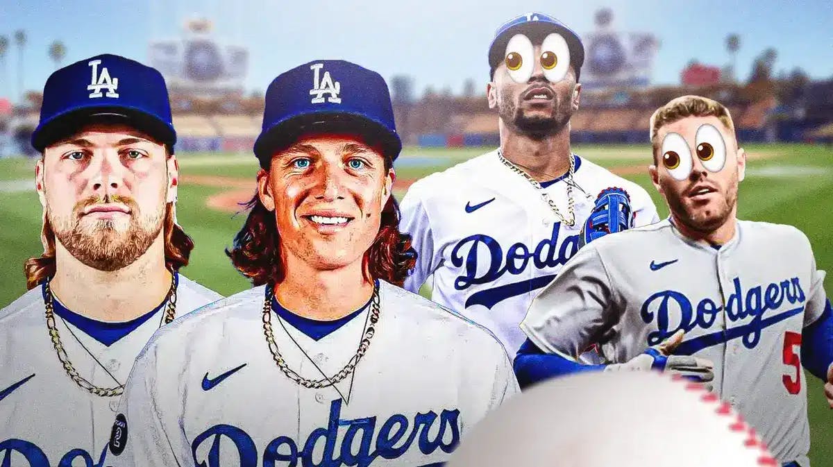 Corbin Burnes in a Dodgers uniform. Tyler Glasnow in a Dodgers uniform. Dodgers' Mookie Betts, Dodgers' Freddie Freeman with eyes popping out looking at them.