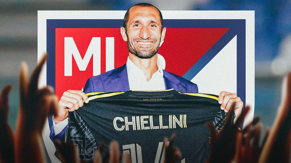 Giorgio Chiellini swapping shirts with someone, the MLS logo in the air