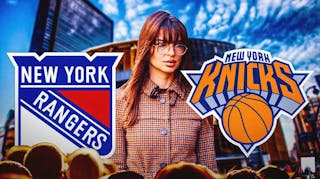 Emily Ratajkowski between New York Rangers and New York Knicks logo