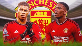 Marcus Rashford and Anthony Martial in front of the Manchester United logo
