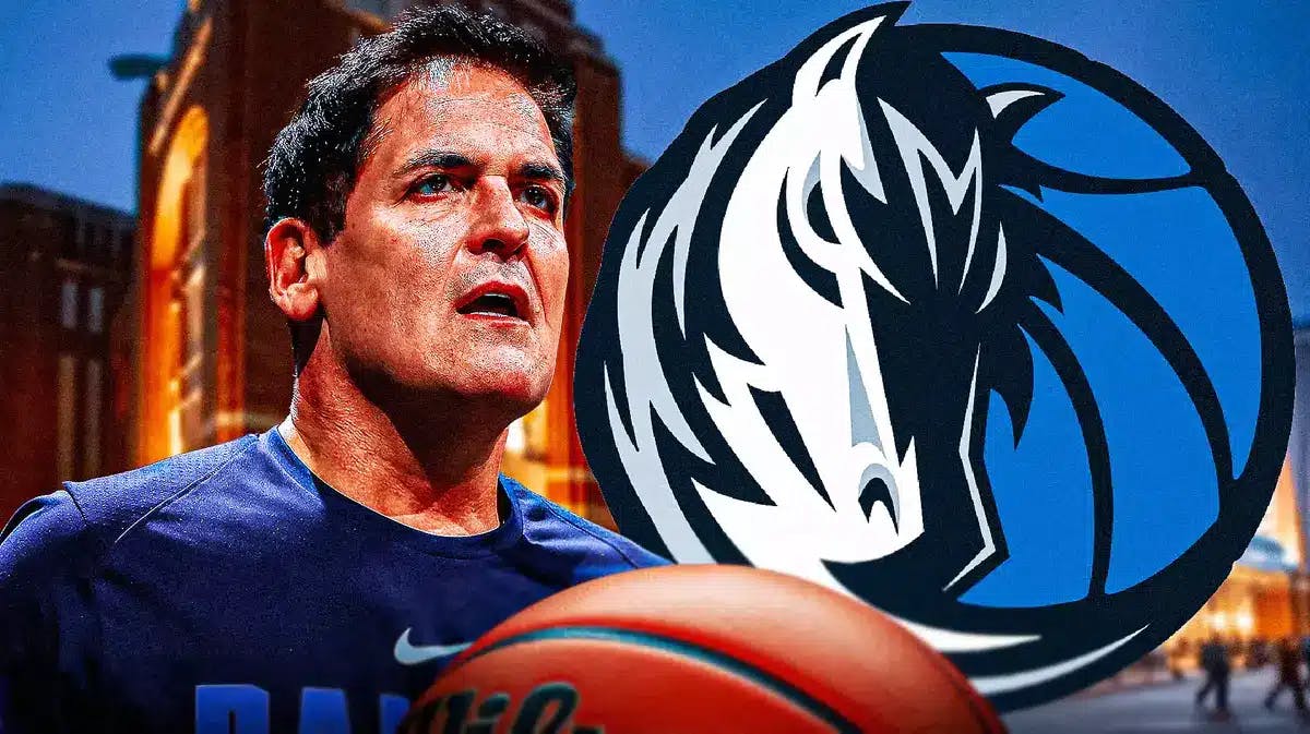 Mark Cuban on the left. Dallas Mavericks logo on the right. City of Dallas Texas with the American Airlines Center in background.