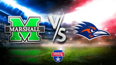 Marshall and UTSA logos in image with a VS. ,Frisco Bowl logo if possible, football field in background