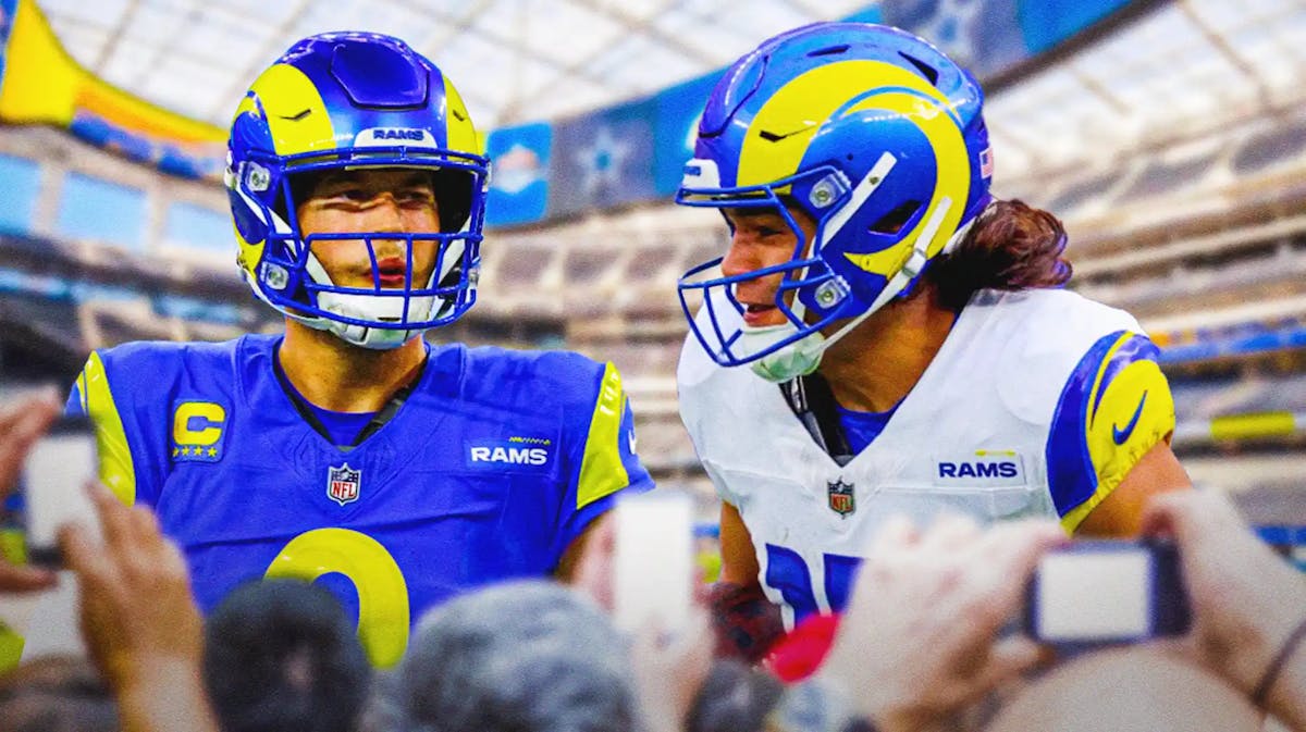 Los Angeles, Rams, Puka Nucua, Matthew Stafford, Saints, Matthew Stafford and Puka Nacua in Rams unis with Rams stadium in the background