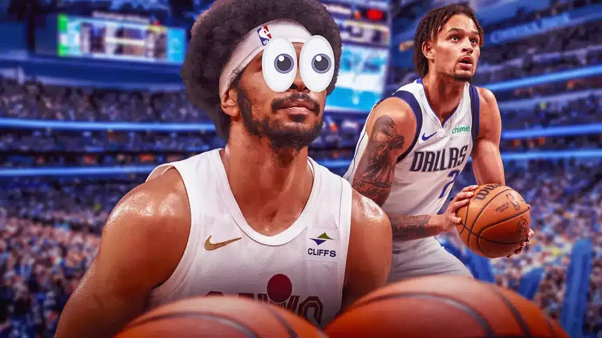 Photo: Jarrett Allen in Cavs jersey with peeping eyes looking at Dereck Lively II in Mavs jersey, have Allen saying “He’s nice!”