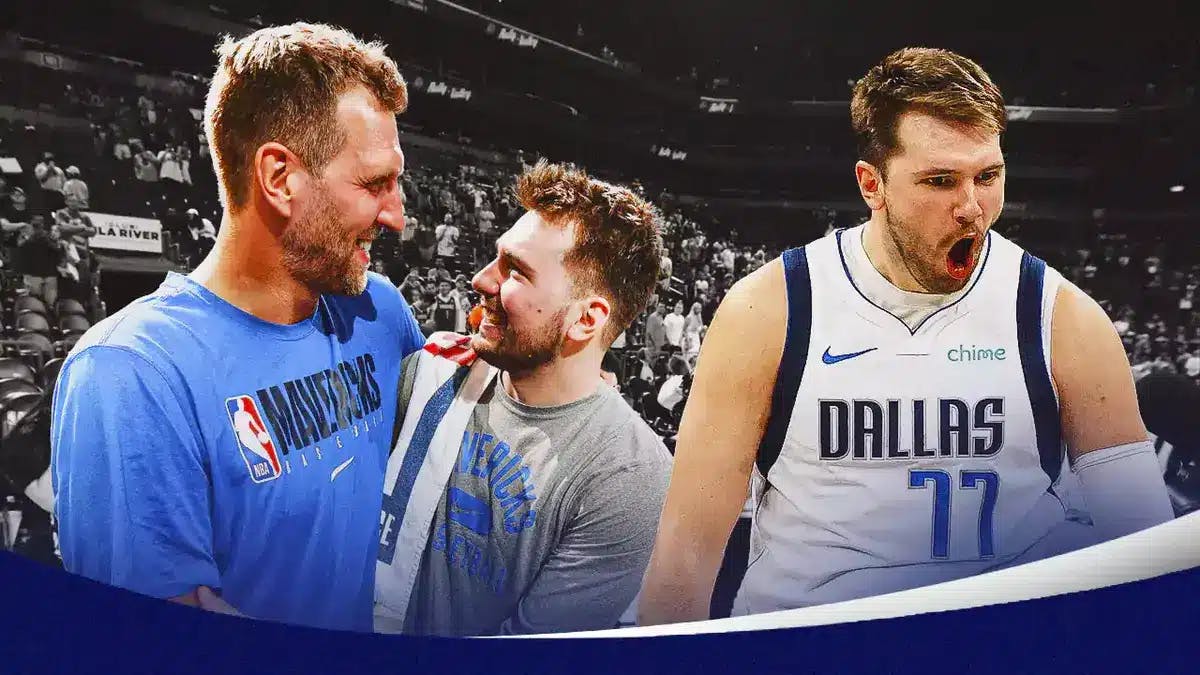 current Dirk Nowitzki hugging Luka Doncic, with Mavs' Luka Doncic hyped up on the side
