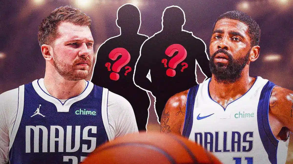 Mavs' Luka Doncic and Kyrie Irving looking worried, with silhouettes of two players in question marks beside them