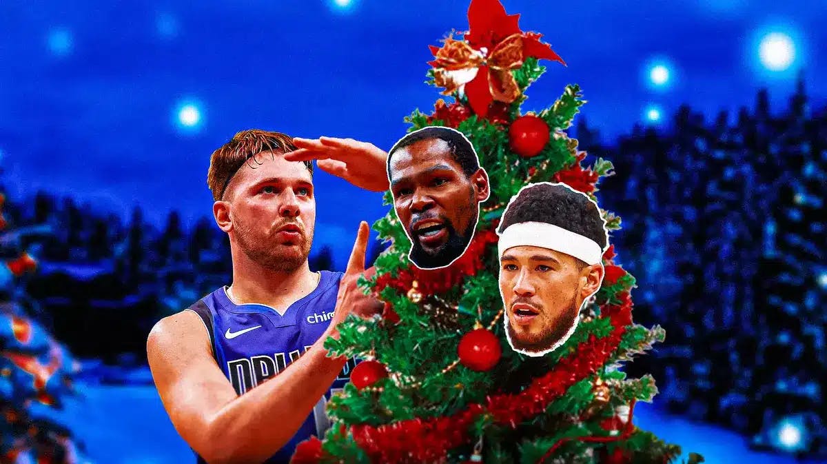Mavs' Luka Doncic decorating a Christmas tree, with the heads of Suns' Kevin Durant and Devin Booker on the Christmas tree as decorations