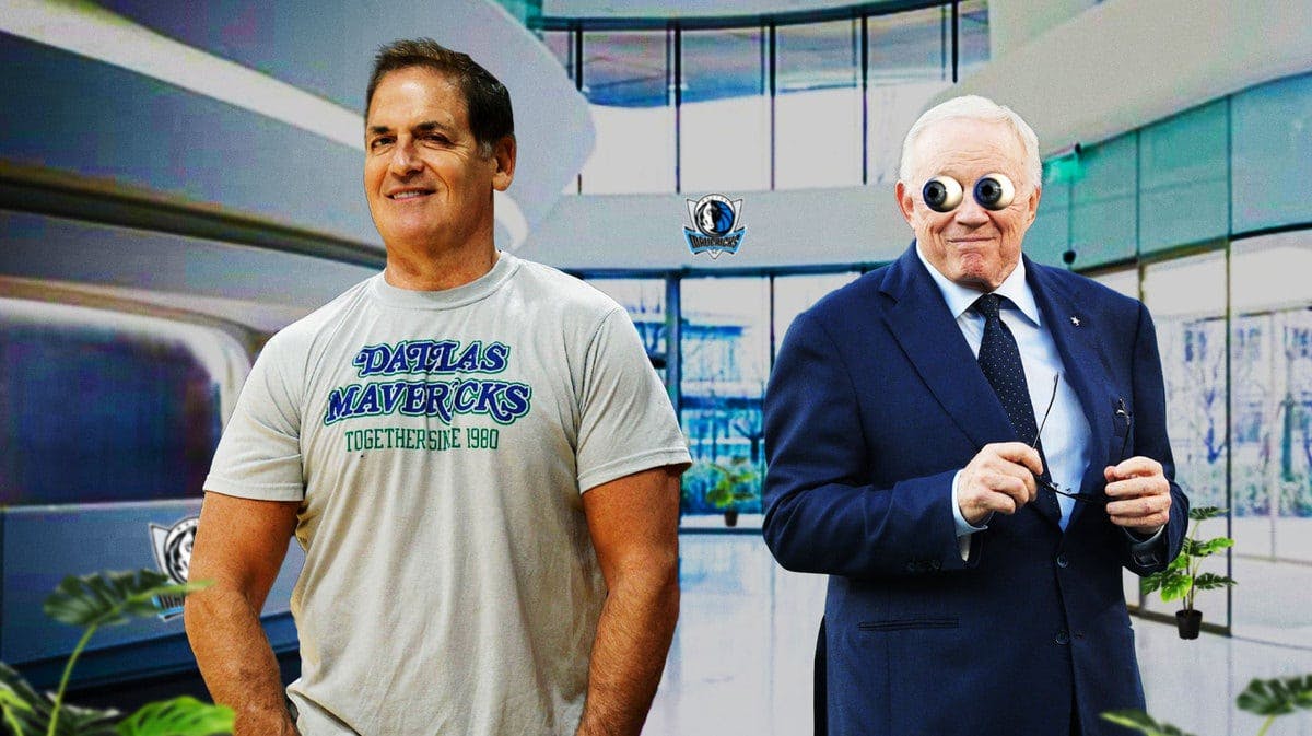 Jerry Jones eyes popping out looking at Mark Cuban with the Mavs logo in background