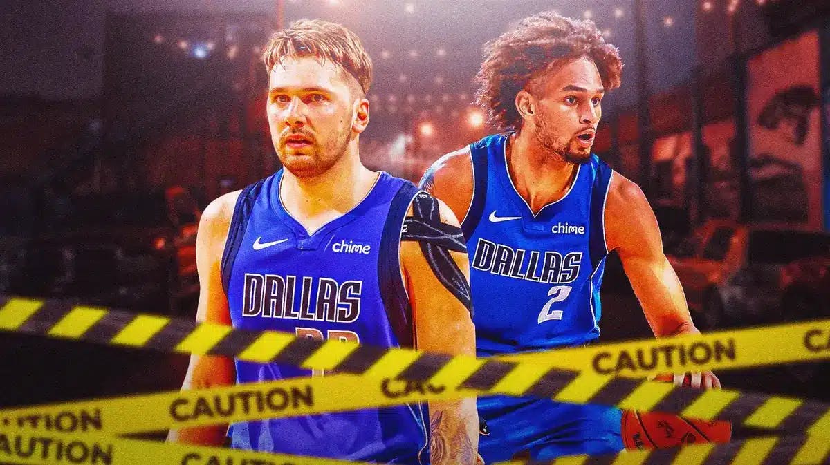 Mavs' Luka Doncic, Mavs' Dereck Lively looking serious. Place warning or caution signs in front of them.