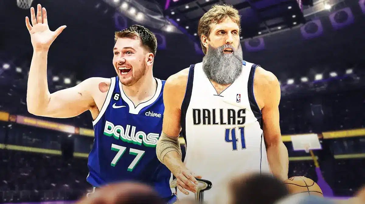 Mavs Luka Doncic laughing next to an old Dirk Nowitzki with a beard