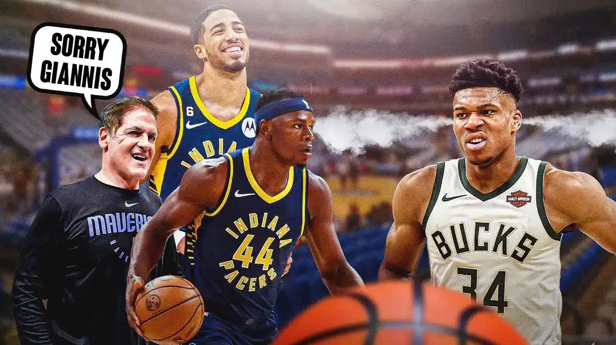 Pacers' Oscar Tshiebwe, Pacers' Tyrese Haliburton, and Mavs' Mark Cuban on the left side of image. Tshiebwe holding a basketball. Have Mark Cuban saying the following: Sorry Giannis On right side of image, Bucks' Giannis Antetokounmpo looking upset with smoke coming out of his ears.