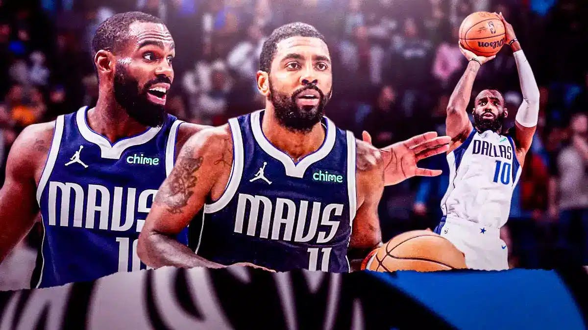Mavs' Tim Hardaway Jr. and Mavs' Kyrie Irving both in front looking serious. In background, need Hardaway shooting a basketball.