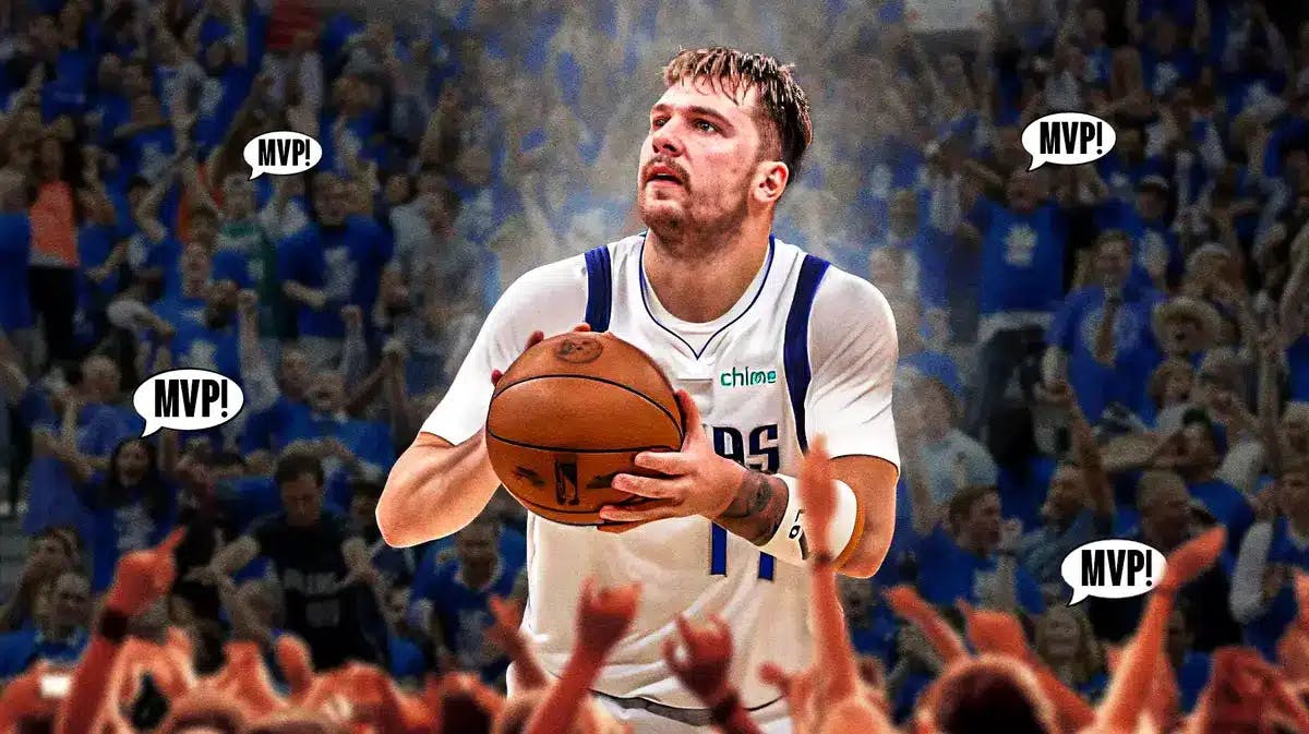 Mavs' Luka Doncic shooting a basketball. Place Mavs fans in background. Put speech bubbles coming from the fans saying the following: MVP!