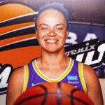 Former WNBA player Kristi Toliver in front of the Phoenix Mercury logo