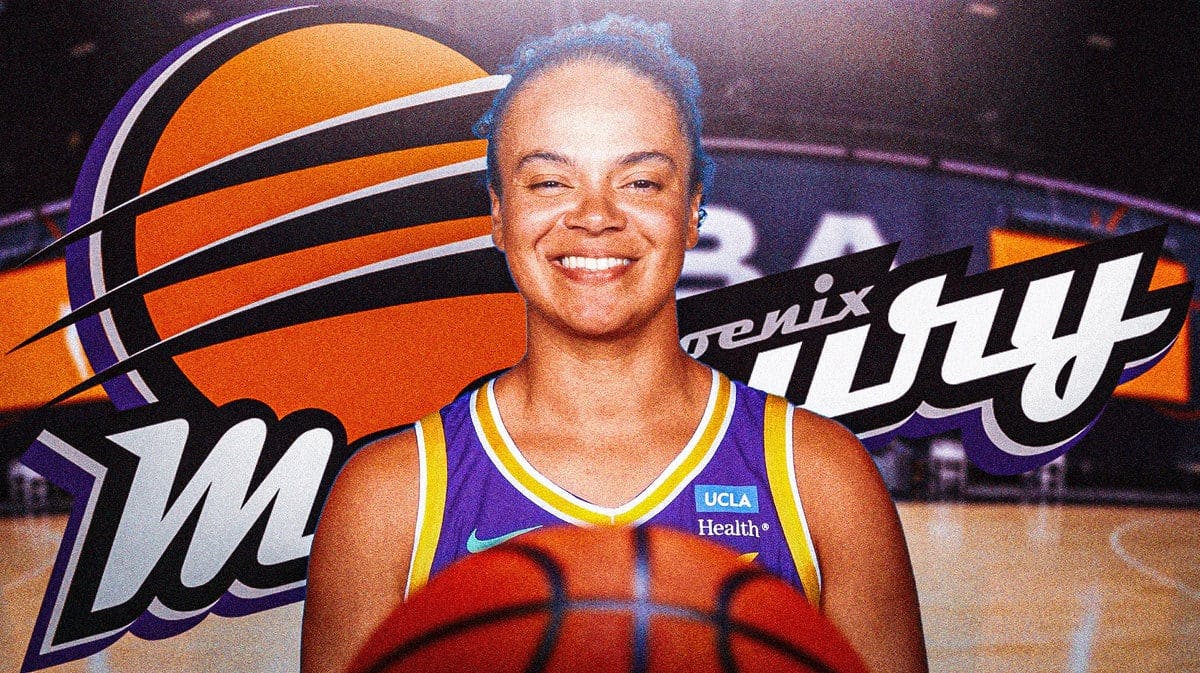Former WNBA player Kristi Toliver in front of the Phoenix Mercury logo
