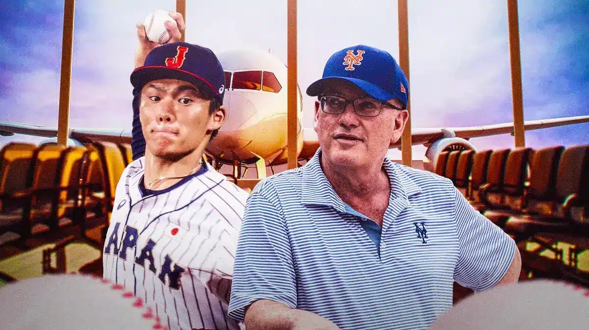 Photo: Mets owner Steve Cohen on a plane, Yoshinobu Yamamoto in action beside him pitching