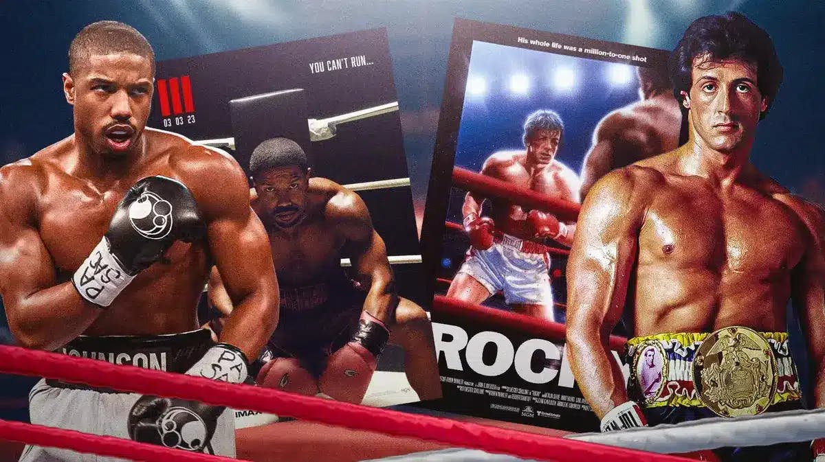 Michael B. Jordan and Creed III poster next to Sylvester Stallone and Rocky poster with boxing ring background.