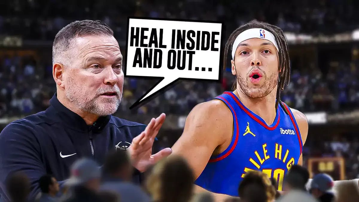 Nuggets' Aaron Gordon and Michael Malone, with Malone saying “heal inside and out…” to Gordon.
