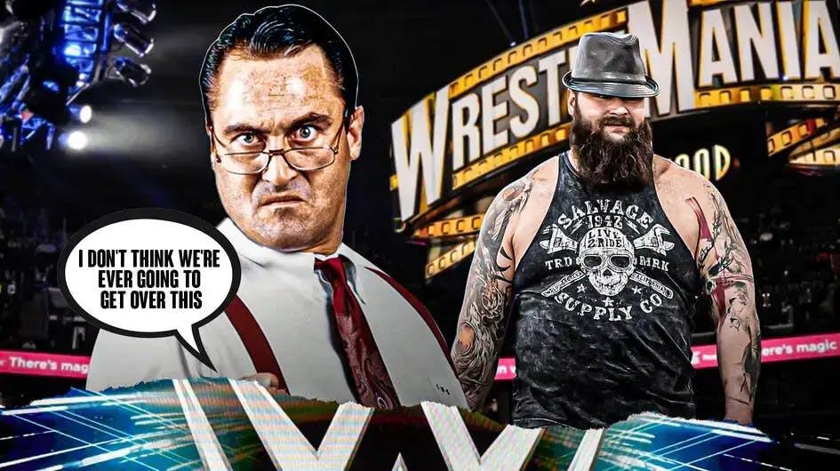 Mike Rotunda with a text bubble reading “I don't think we're ever going to get over this“ next to Bray Wyatt (not The Fiend) with the WWE logo as the background.